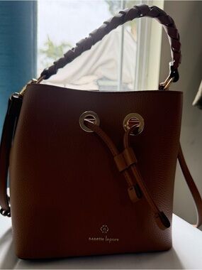 Nanette Lepore Brown Braided-Handle Drawstring Bucket Bag